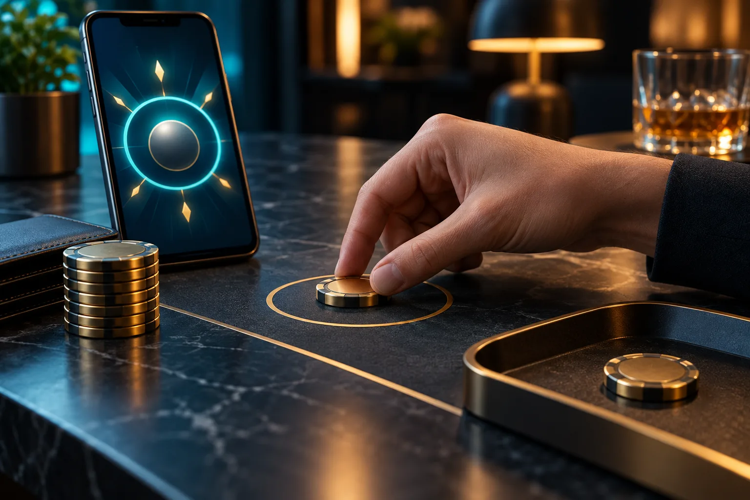 Hand moving one token from a bonus wallet toward a settled game result