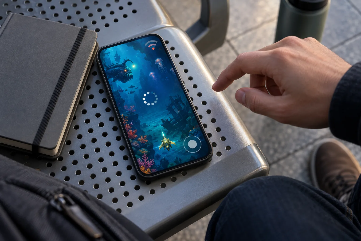 An anonymous hand has stopped above an active underwater game screen showing a loading indicator and a visibly paused firing