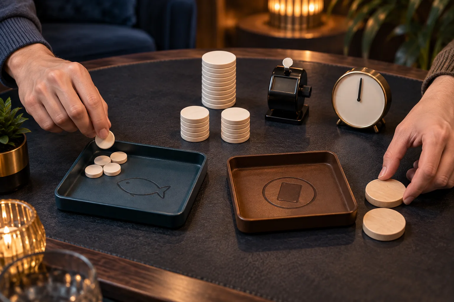 Anonymous hands divide plain tokens into one larger reserve stack and two equal session-cost groups, One hand moves repeated