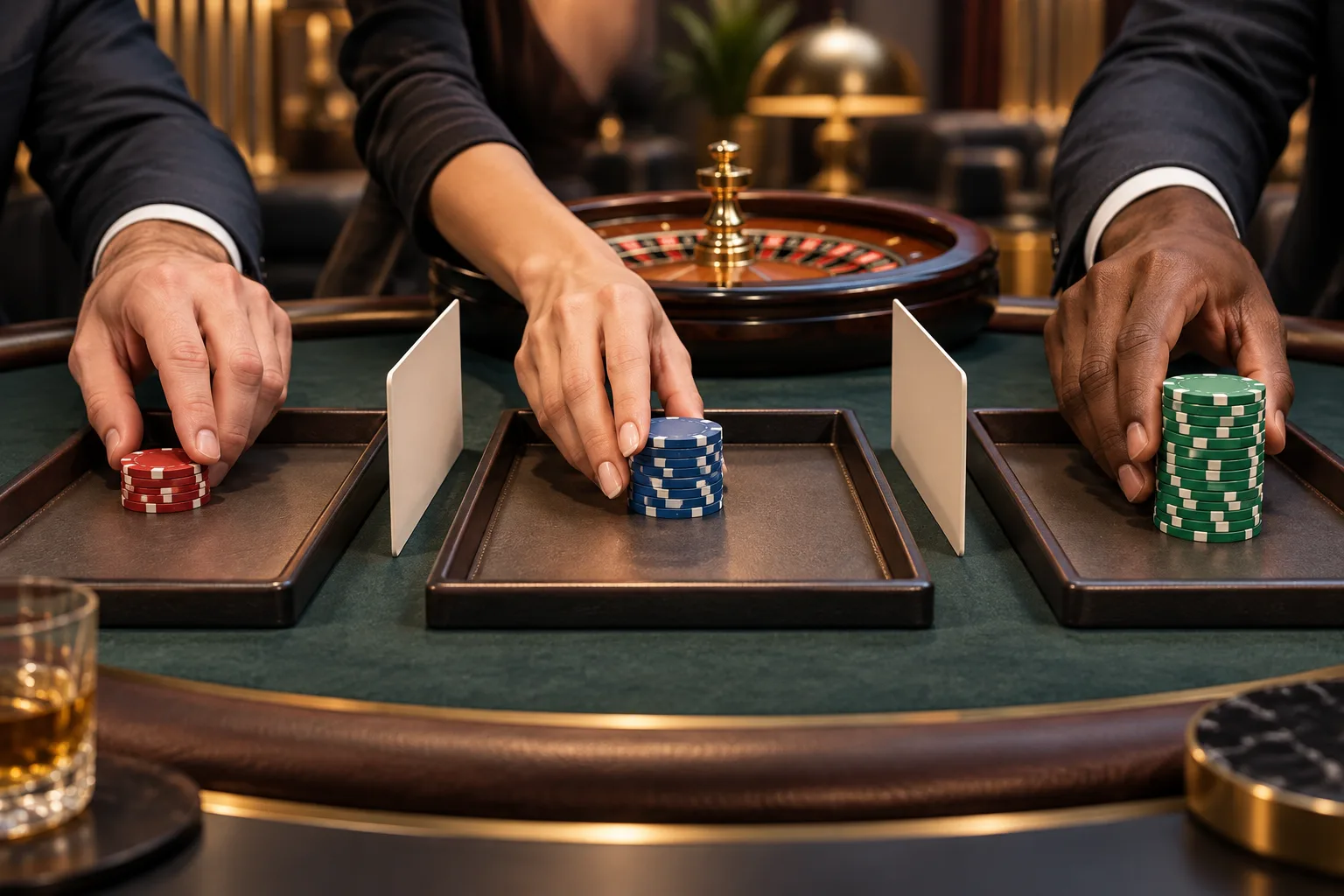Three anonymous hands each preparing a different fixed token amount for one round, Each hand moves one fixed token group