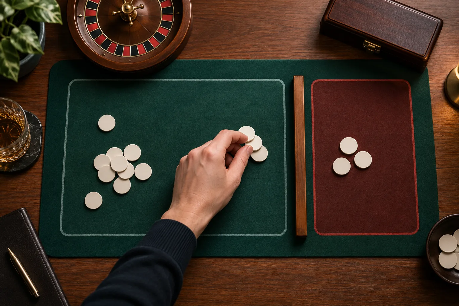 An anonymous hand moving tokens from an active pile toward a clearly separated stop boundary, The hand completes one token