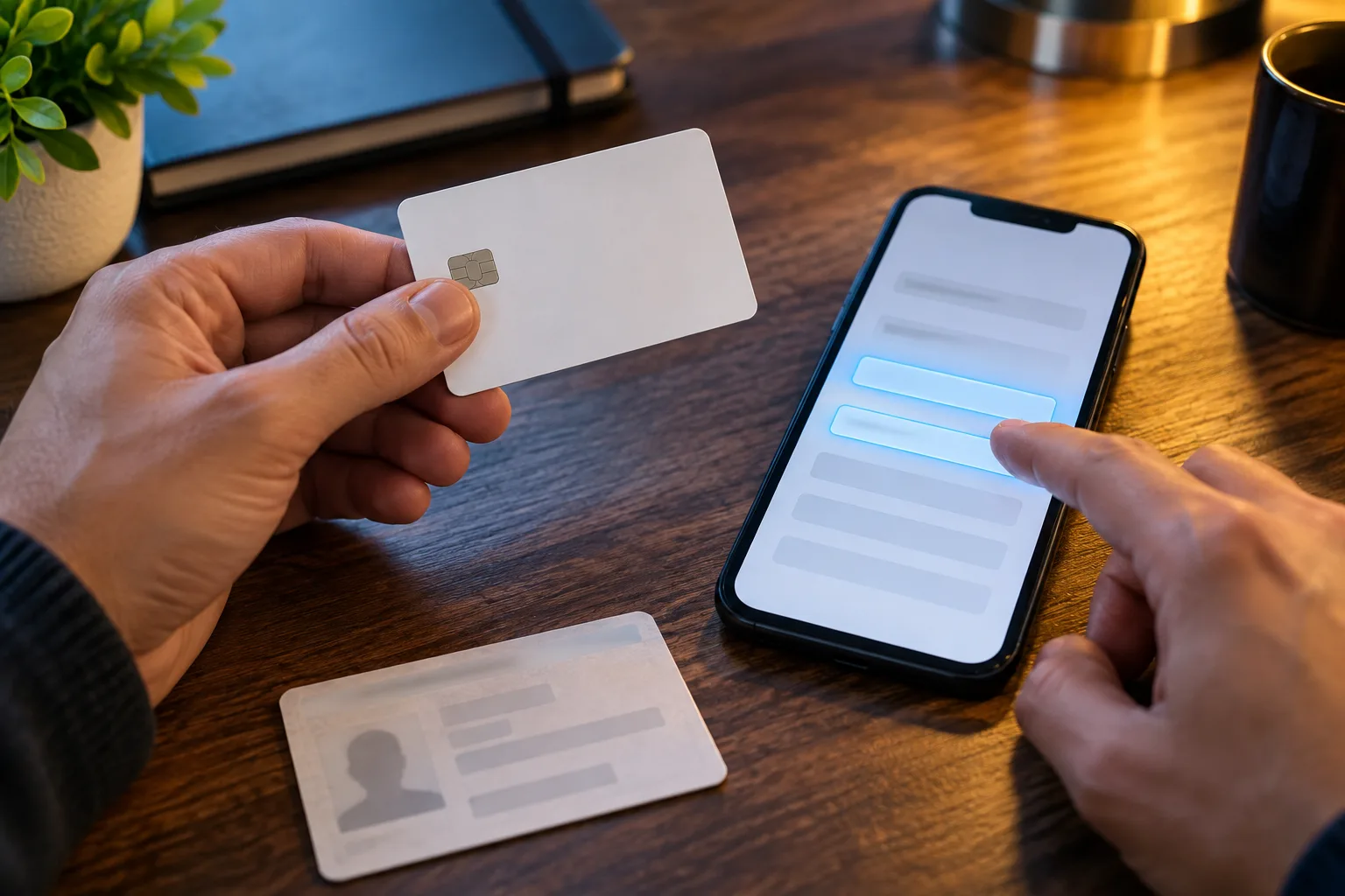 Anonymous hands checking a payment card against a partly completed withdrawal form, A finger points between the card and the