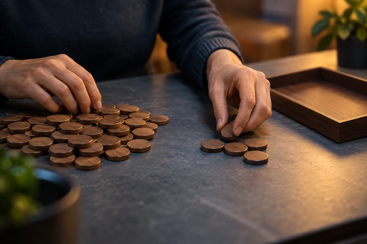 Hands separating plain tokens into a larger staked group and a smaller credited group, One hand moves only a portion of the