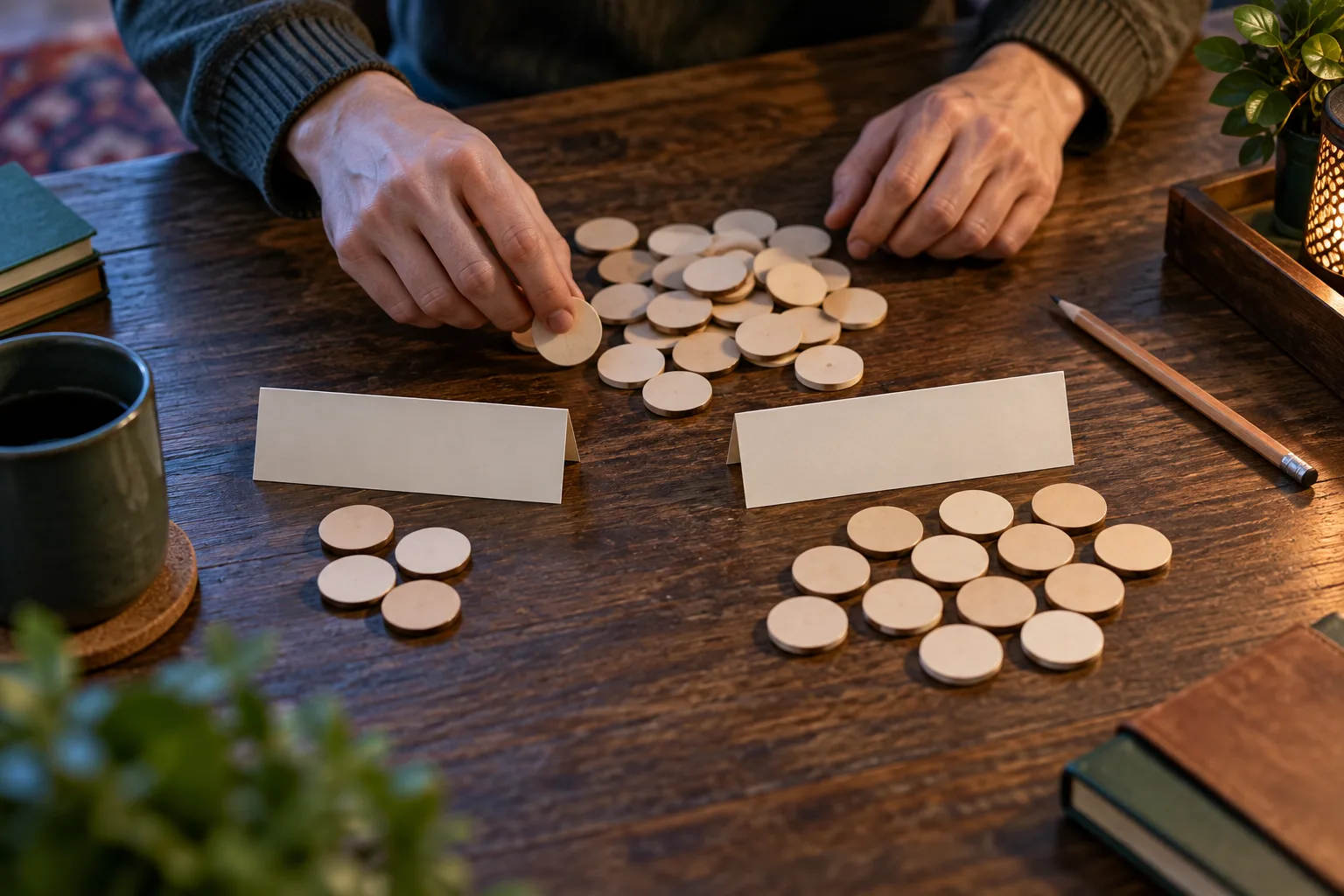An unidentifiable person's hands separating plain tokens into two visibly different sized groups, The person moves tokens