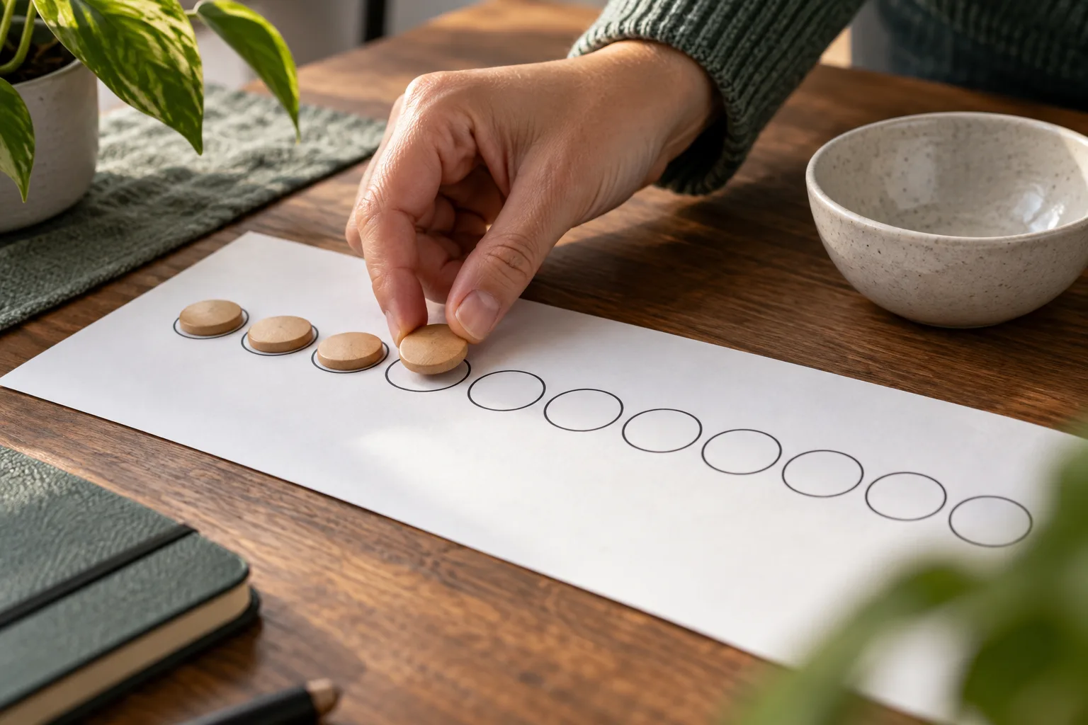 An anonymous hand moving a plain token along a row of unmarked circles, The hand fills another circle while many circles