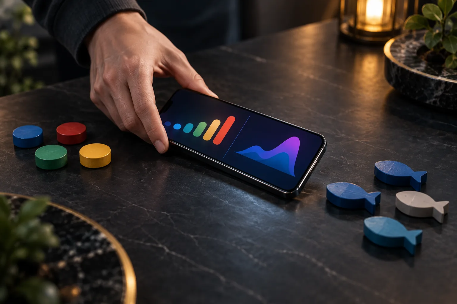 An anonymous hand moving the phone from one set of pieces toward the other, The phone shows the payout pattern changing as