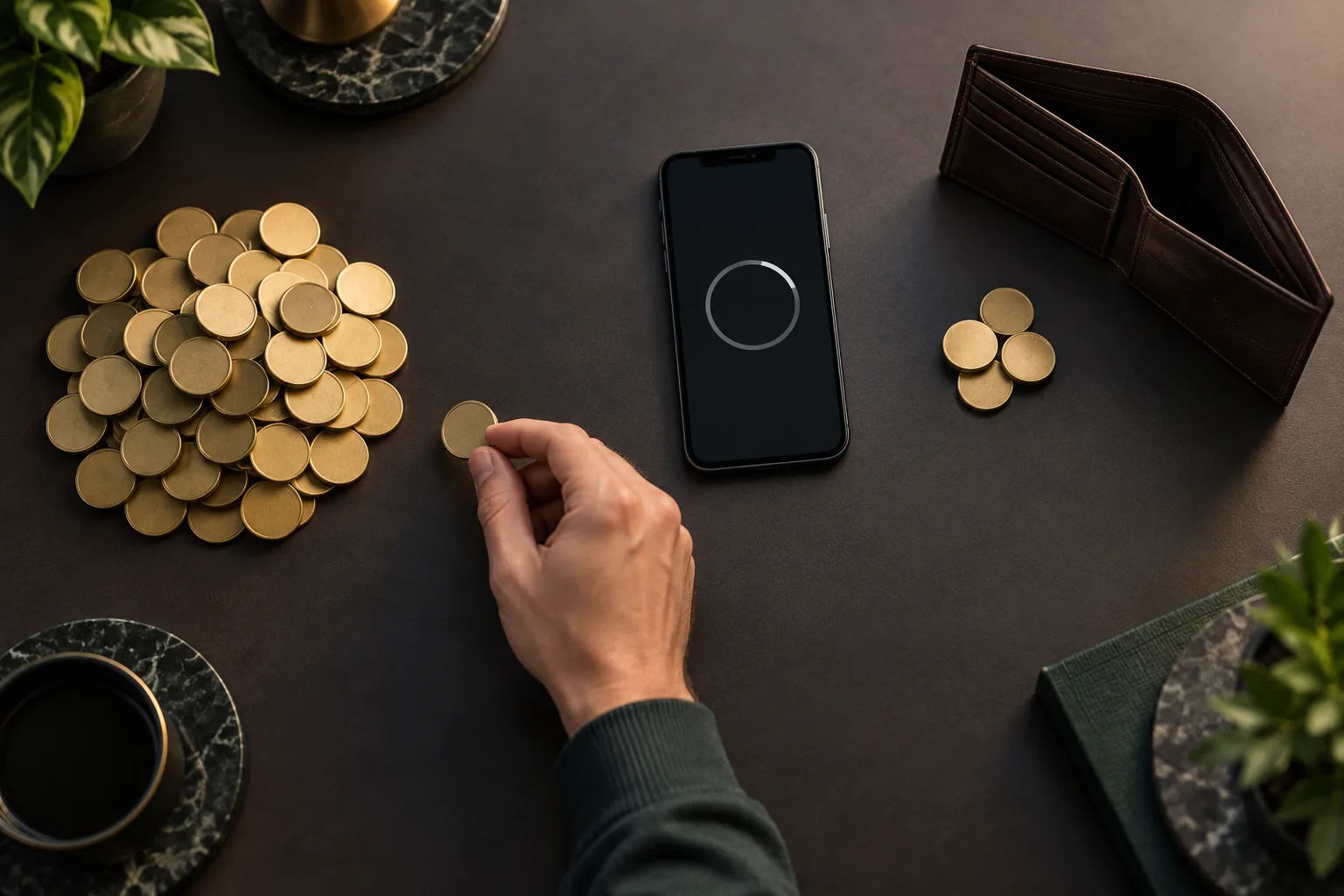 An anonymous hand comparing a wallet's available tokens with a larger required payment pile, The hand moves the separate