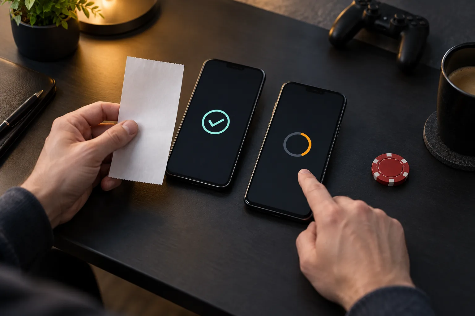 A completed wallet record being compared with a pending cashier record, One hand holds the receipt beside the confirmed