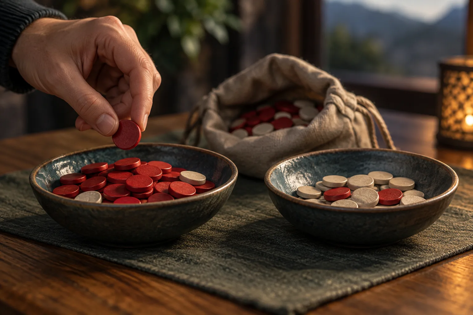 Two visibly different short samples from the same set of token colors, An anonymous hand places one final red token into the