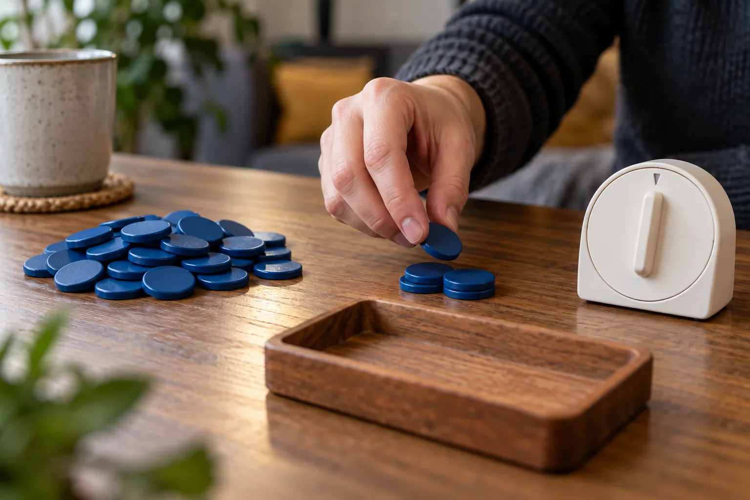 A small session-limit pile separated from a larger entertainment-budget pile, The hand moves a few tokens from the larger