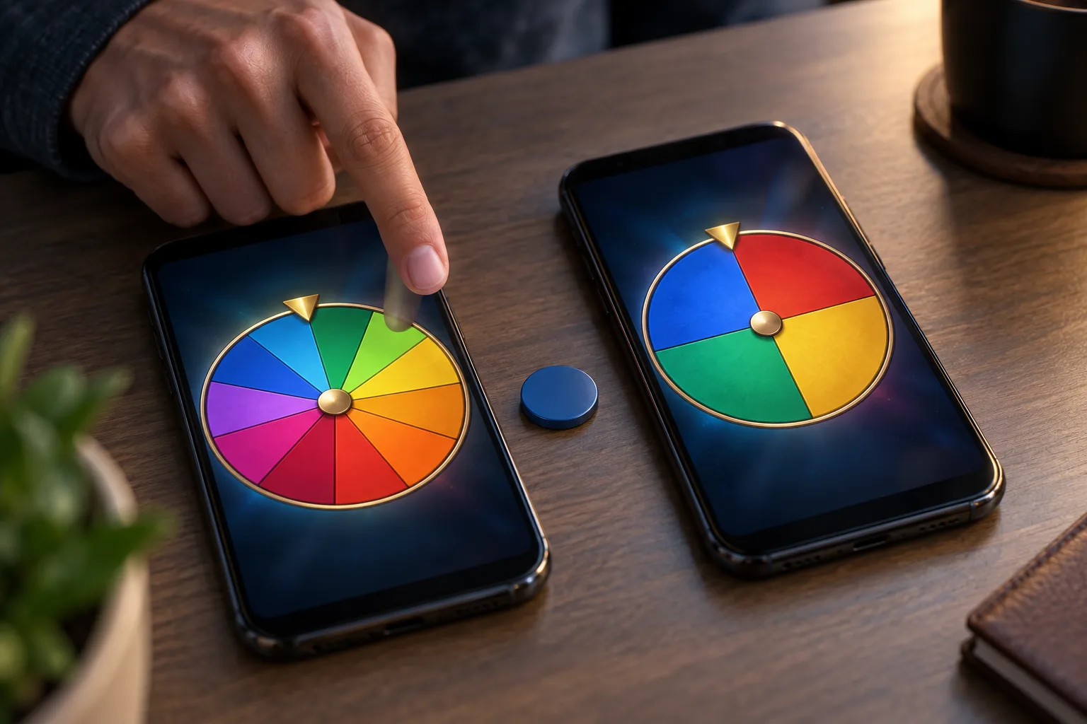An anonymous hand comparing the wheel layouts on both screens, The hand points to a segment present on one wheel but