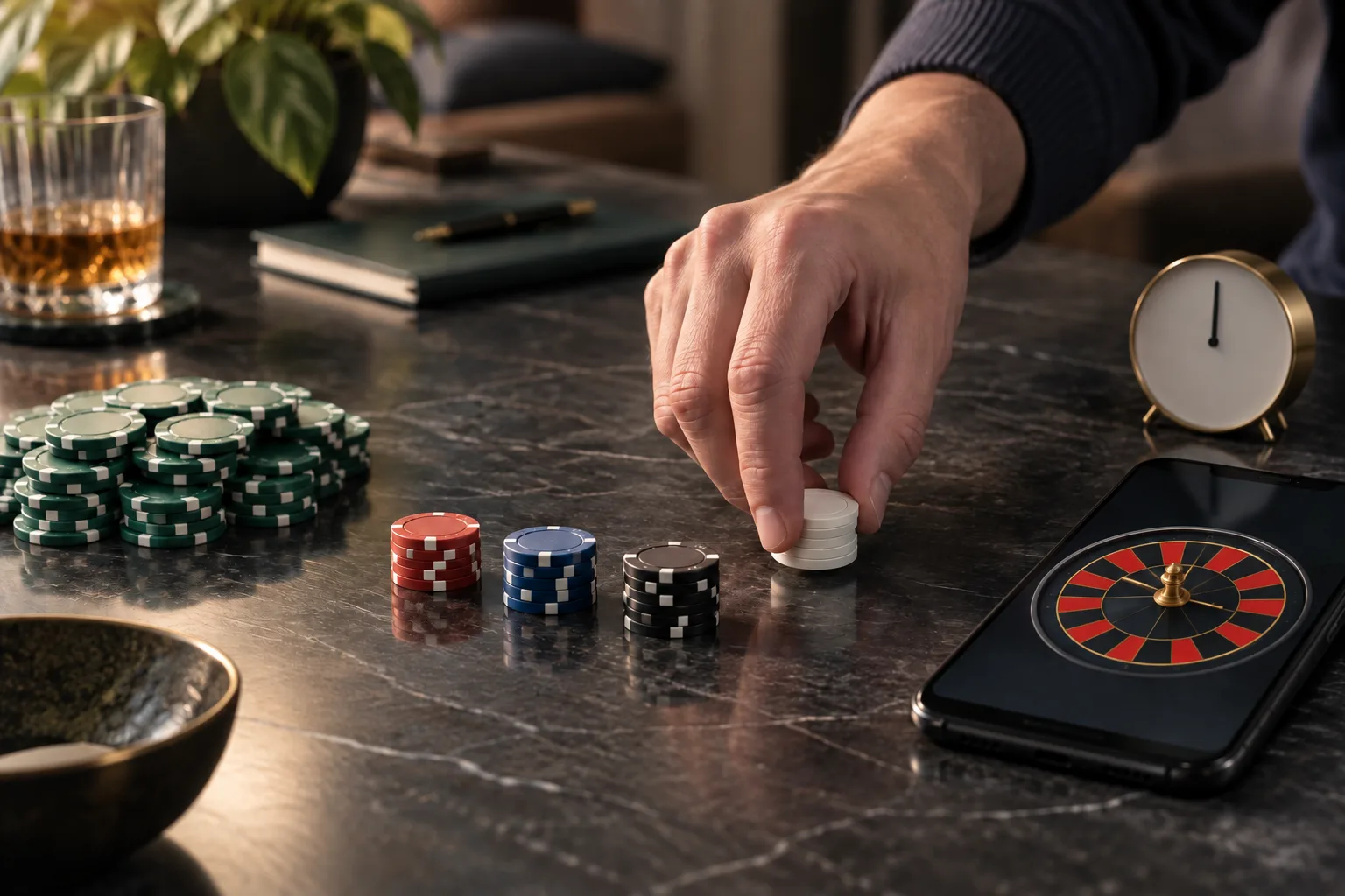 An anonymous hand dividing a fixed pile of plain tokens into planned spin stakes, The hand sets one small stake stack apart