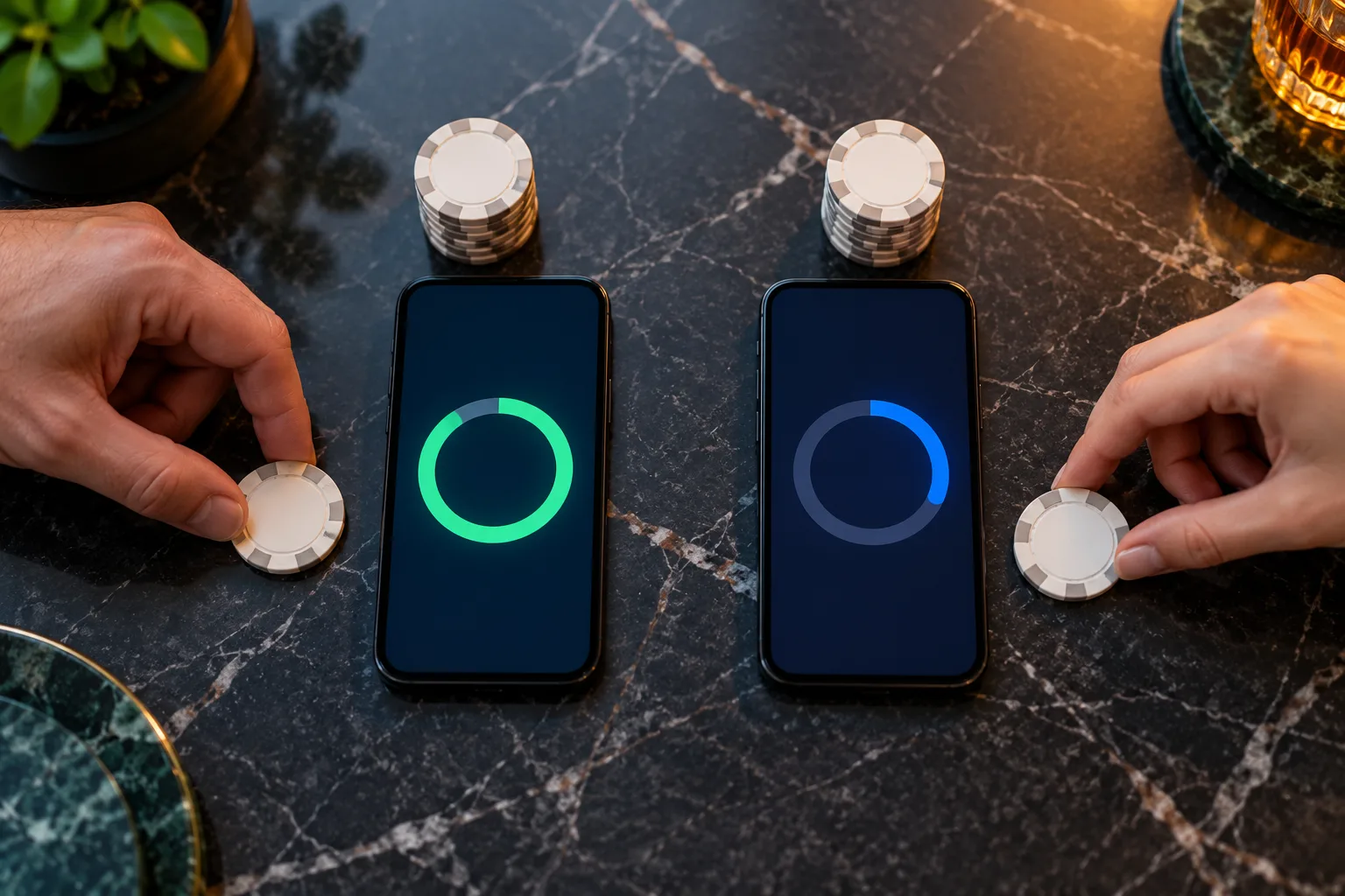 Two equal stacks of plain tokens beside separate text-free phone screens, A hand places one token beside each phone while