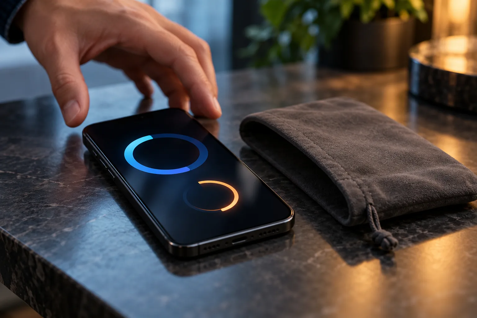 A text-free phone screen showing an unfinished progress ring beside a shrinking timer arc, A hand reaches to put the phone
