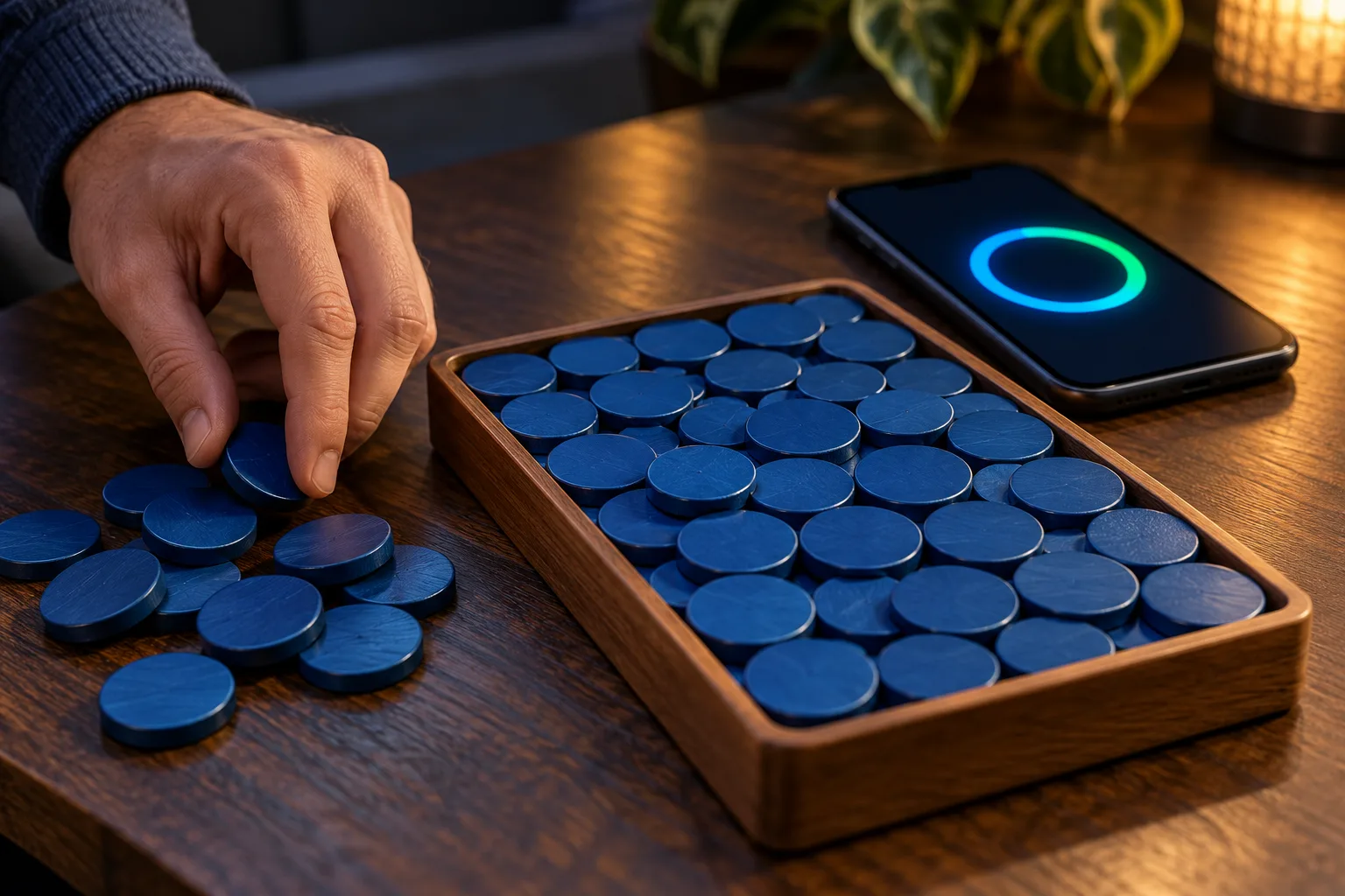 An anonymous hand separating tokens after filling the tray, The hand moves excess tokens aside because the filled tray