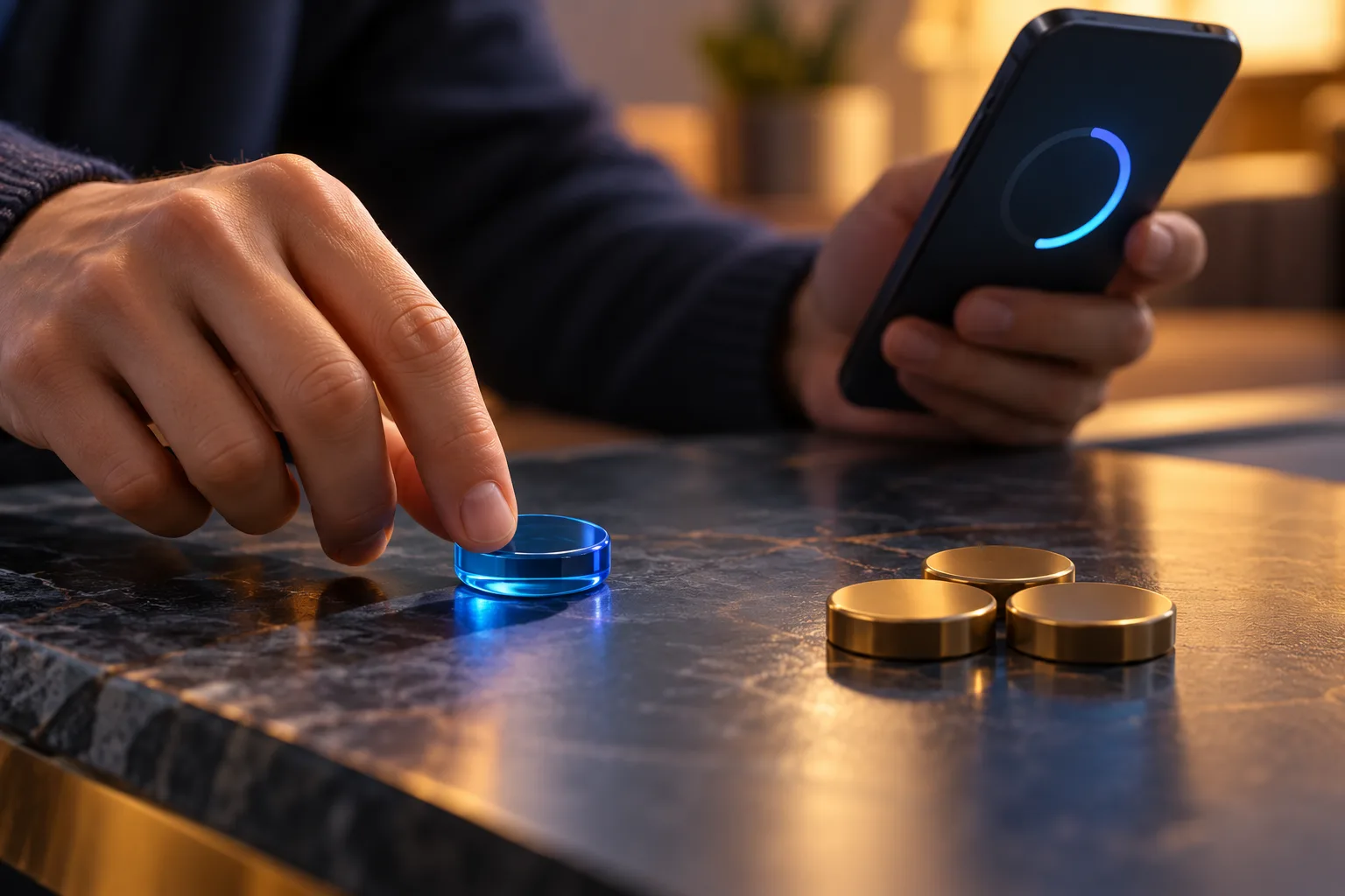 An unidentifiable hand separating settled and pending activity markers, The hand moves the translucent token away from the