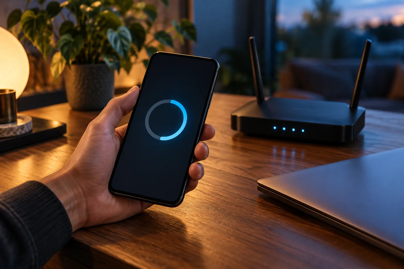 A phone with an unbranded app download in progress, A hand holds the phone near the router while the download ring remains