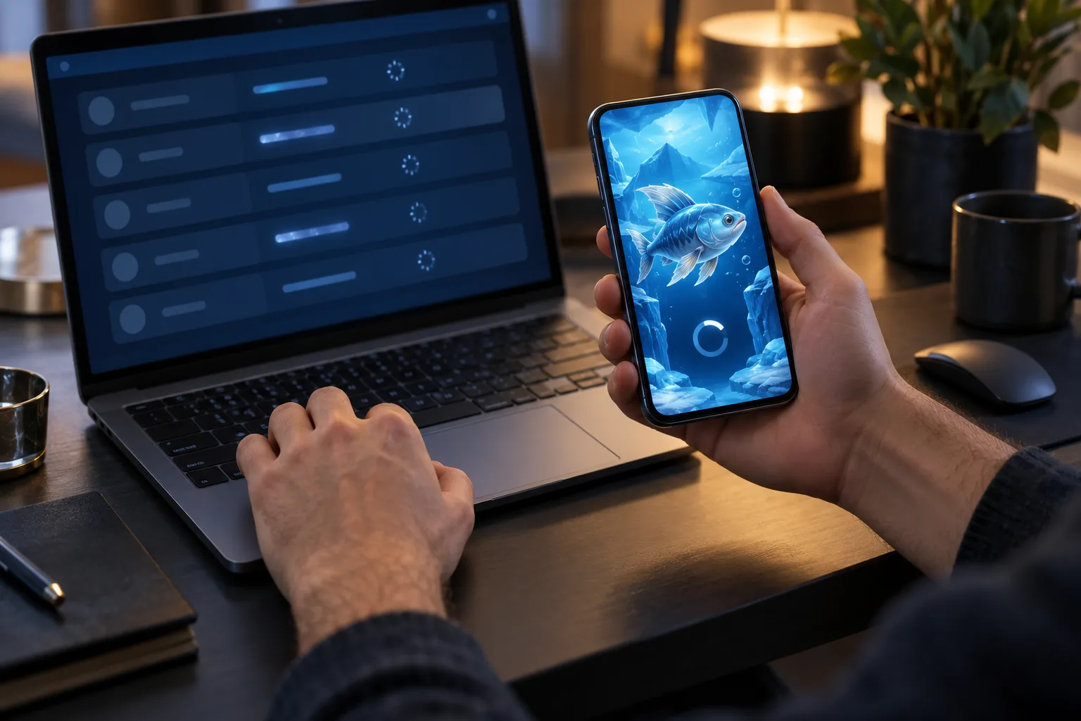 A stalled game animation on the phone and a round history loading on the laptop, A hand leaves the phone untouched while