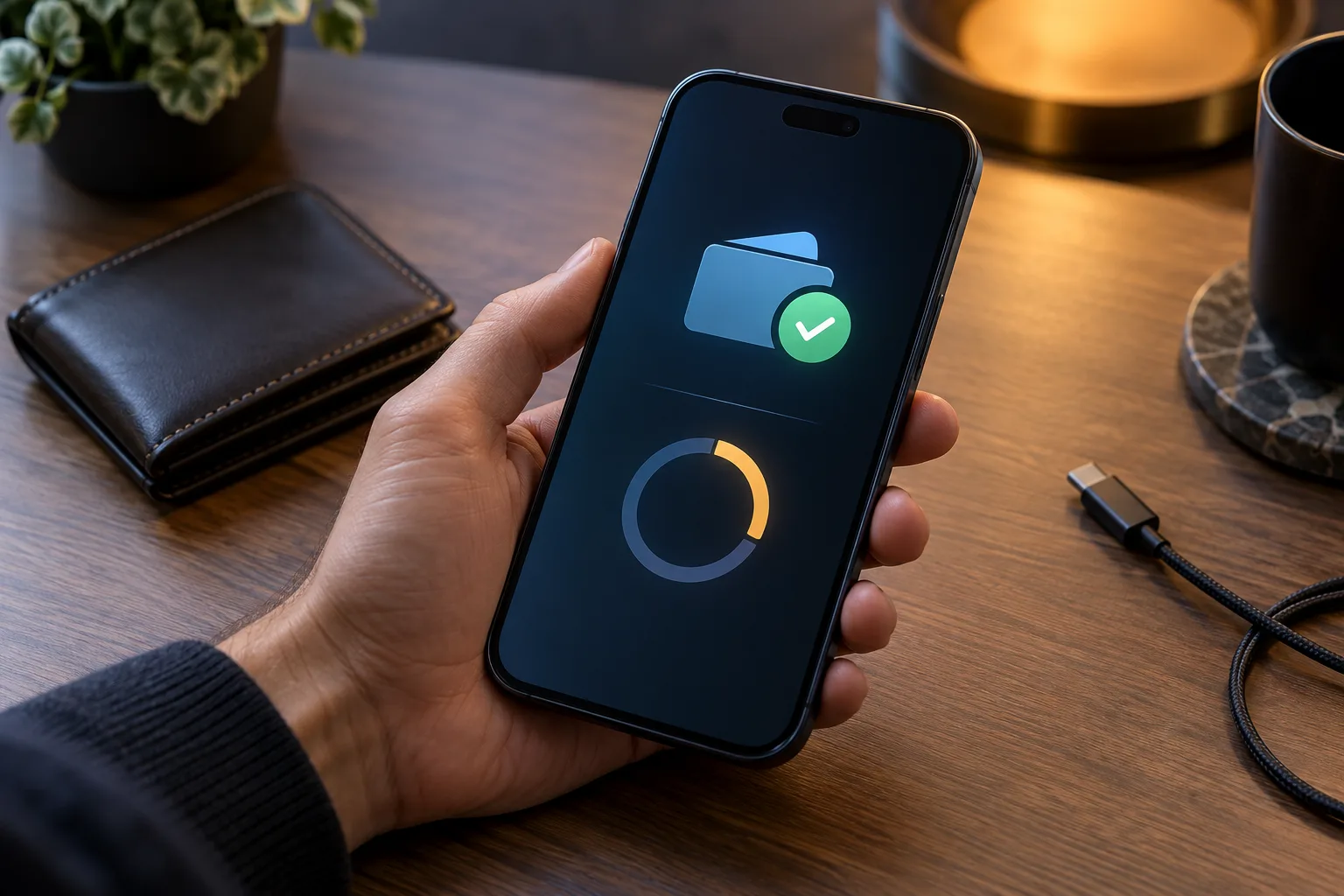 An anonymous adult reviewing two different stages of a wallet-funded deposit, The adult holds the phone steady while the