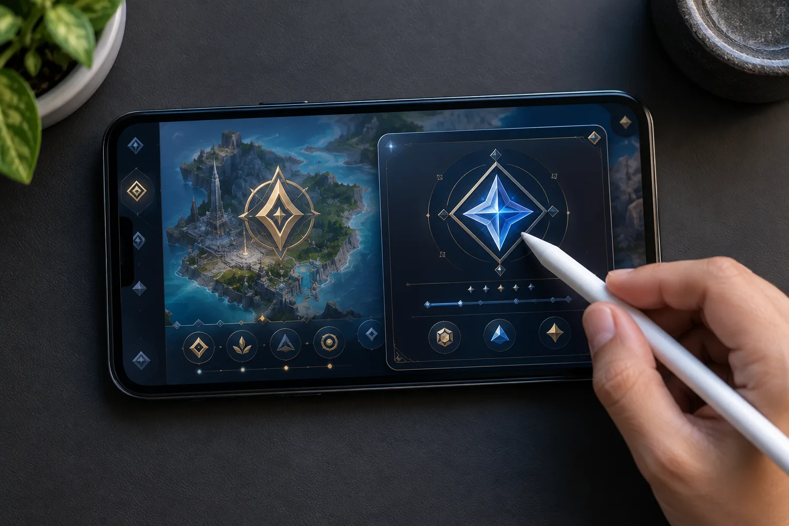 An anonymous adult's hand opening a game's internal information panel on a phone., The stylus points to an internal