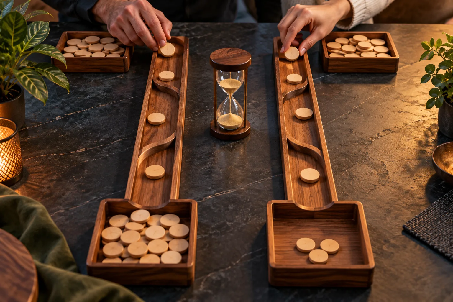 Anonymous adult hands moving plain tokens through parallel wooden tracks, One hand has moved many tokens into one receiving