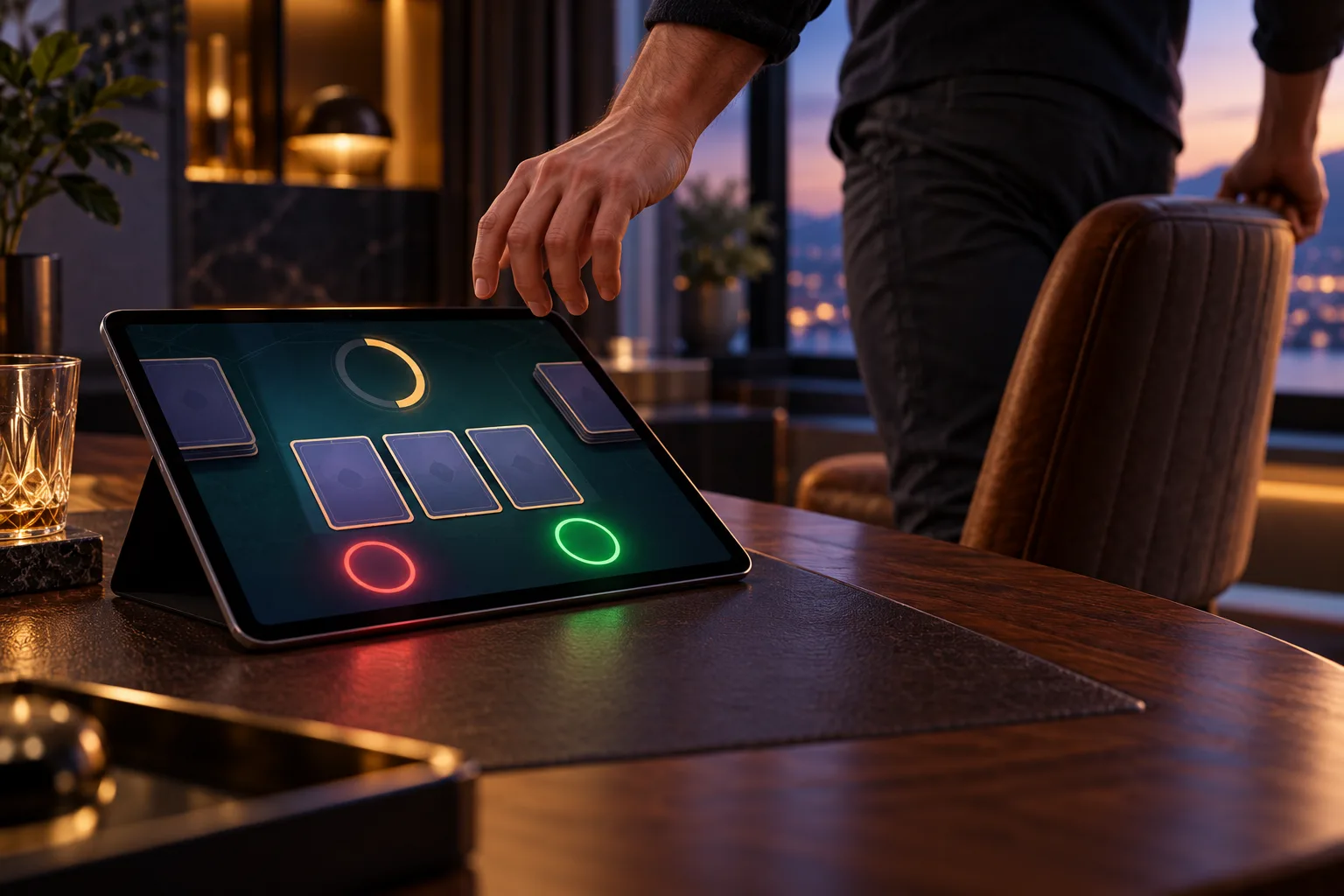 An anonymous adult hand withdrawing from a tablet with an unresolved card decision, The hand leaves the tablet while its