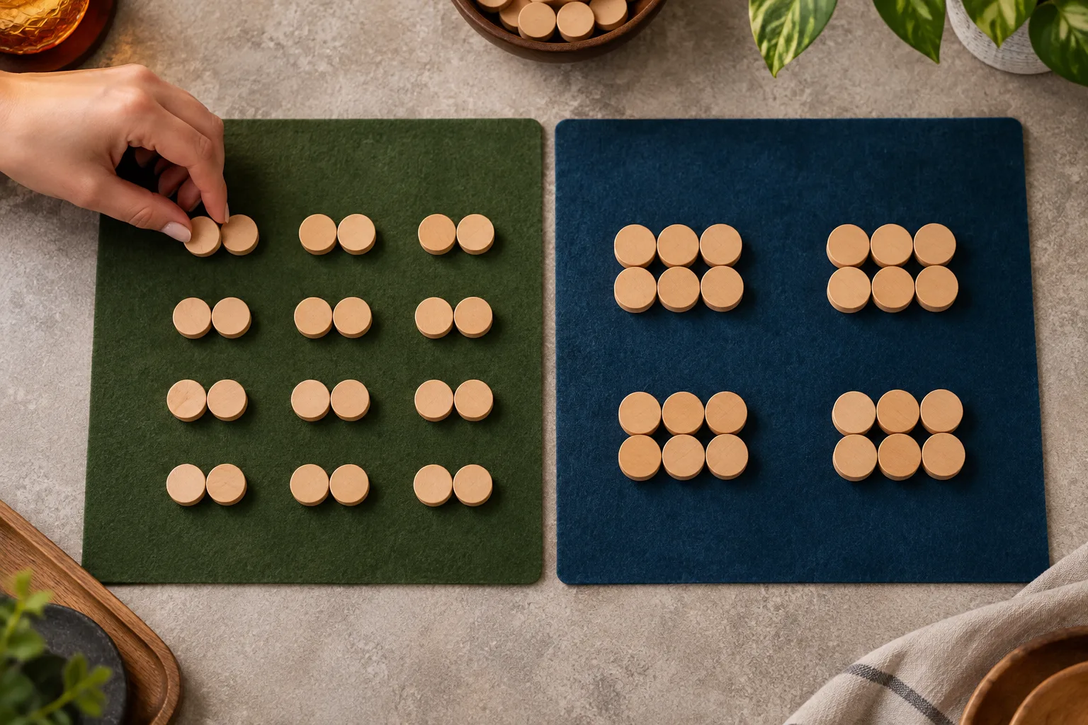 Equal token totals divided into visibly different per-round portions, A cropped adult hand finishes arranging one allocation