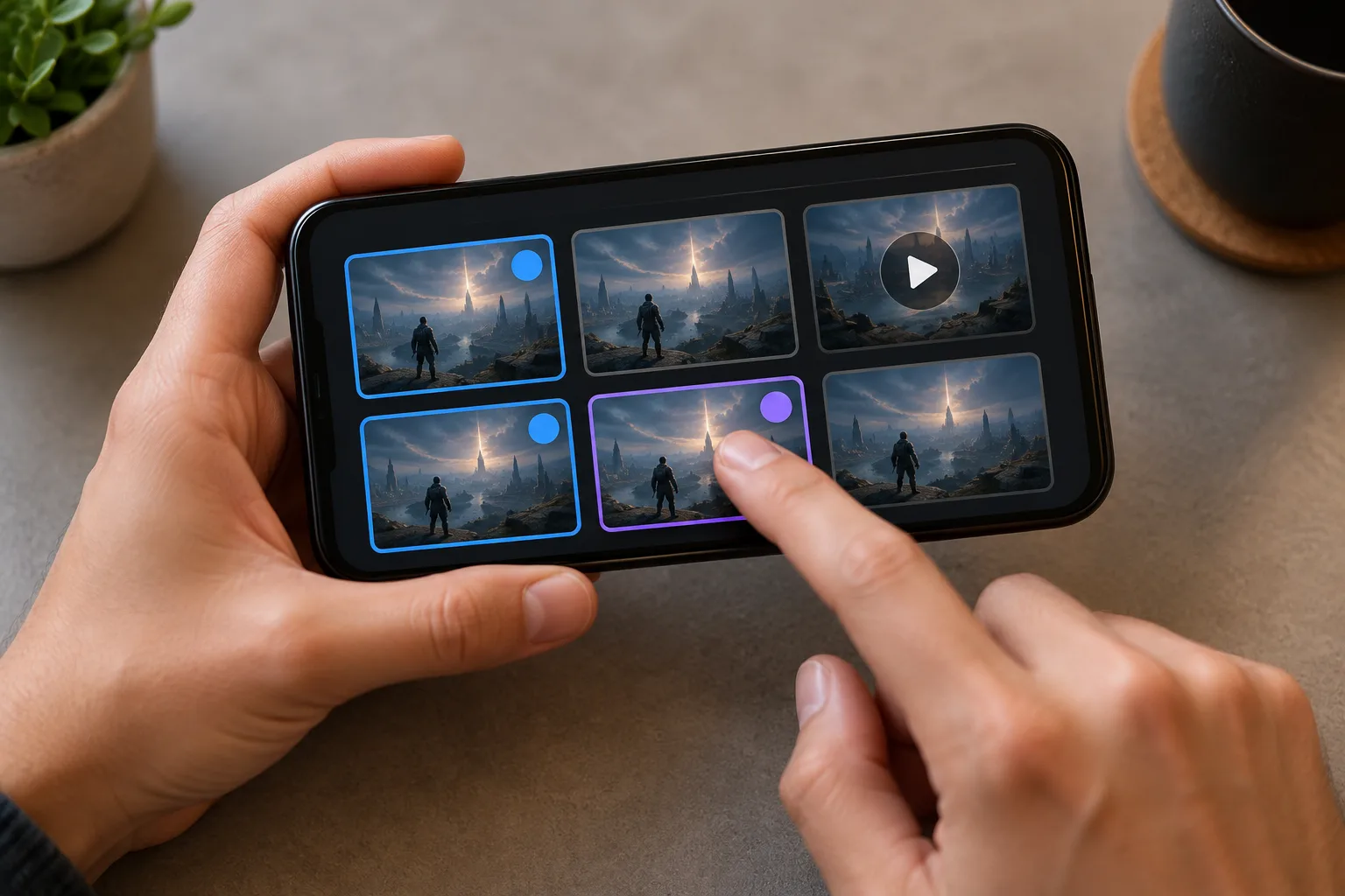 Anonymous hands selecting still-image evidence instead of a recording, A fingertip selects a still image while the longer
