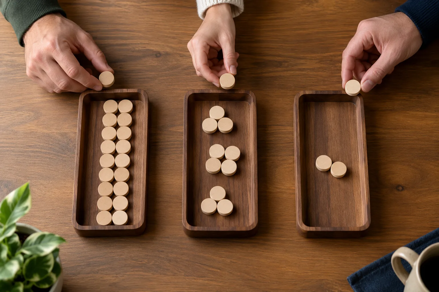 Anonymous adult hands arranging identical counters into visibly different totals despite matching individual counter sizes