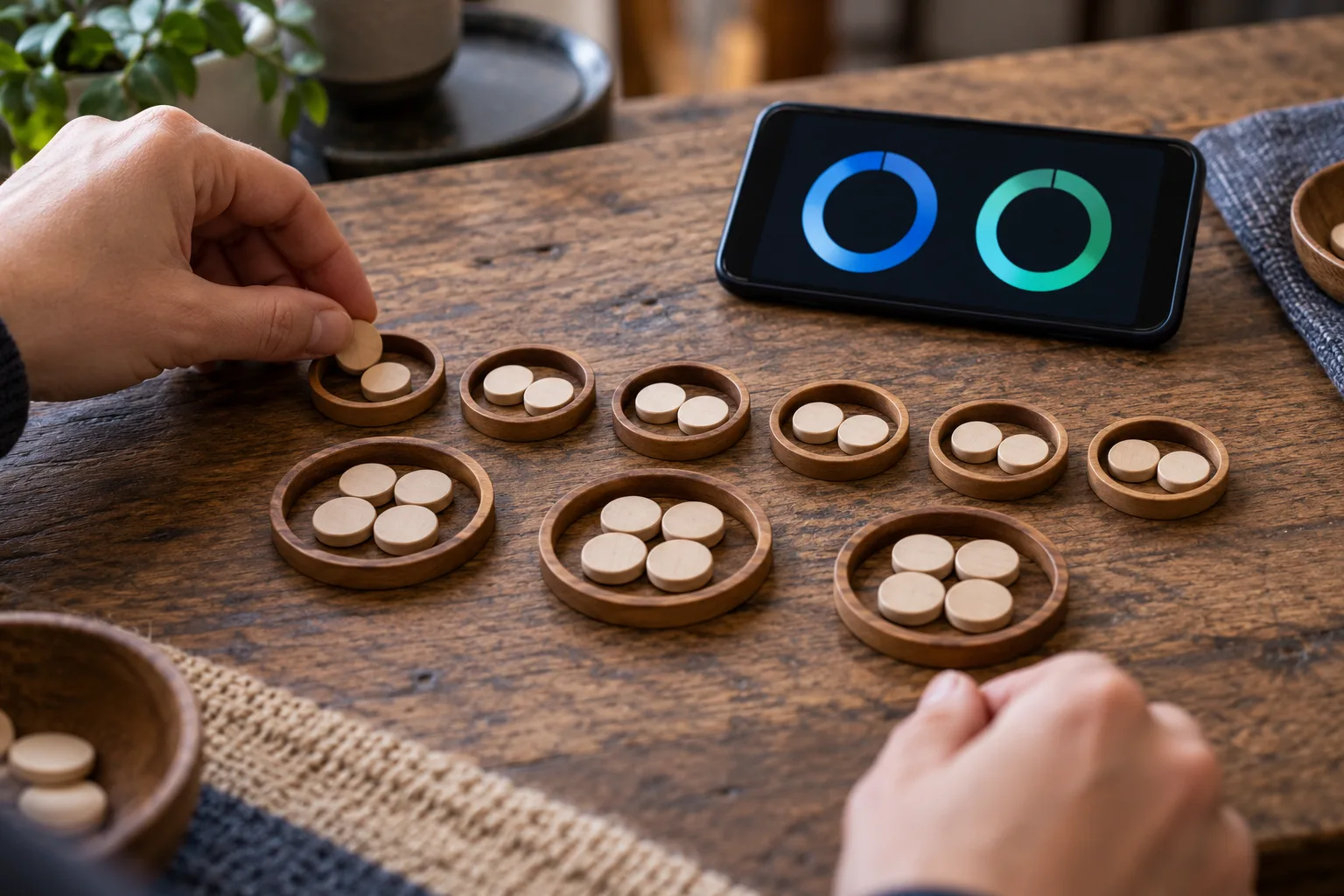 Anonymous adult hands arranging equal token quantities into different-sized groups, The hands finish arranging one equal