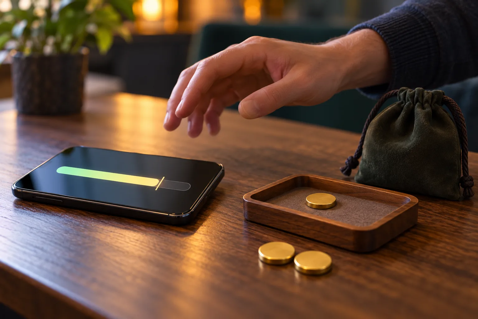 An anonymous adult's hand withdrawing from a phone beside a nearly depleted allowance tray, The hand moves away from the