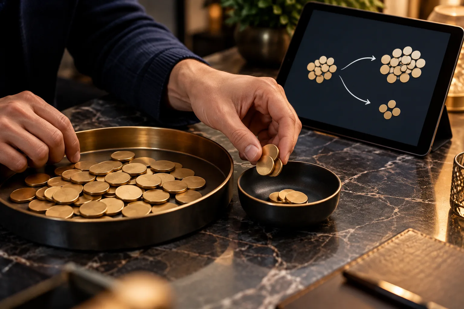 Anonymous hands dividing a requested token amount into a receiving portion and a deduction, A hand removes a small portion
